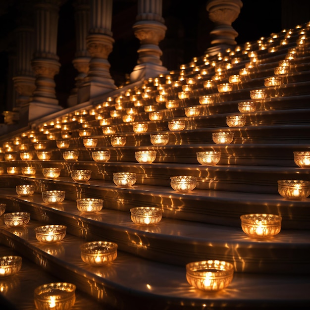 Radiant diyas adorning a staircase happy diwali glow