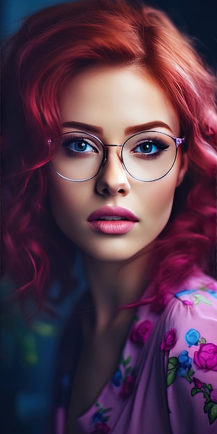メガネをかけた美しい赤毛の女性の輝くエレガンスな写真