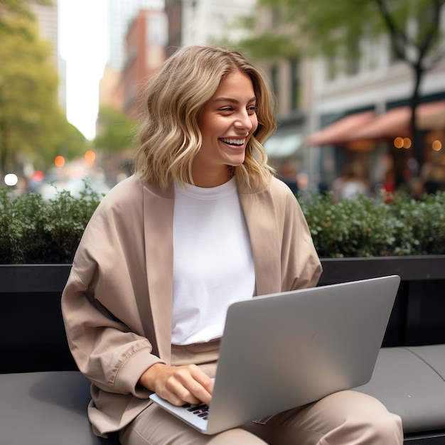 輝くエレガンス マンハッタンのベンチで Macbook P を手に成功を喜ぶプロフェッショナルな女性