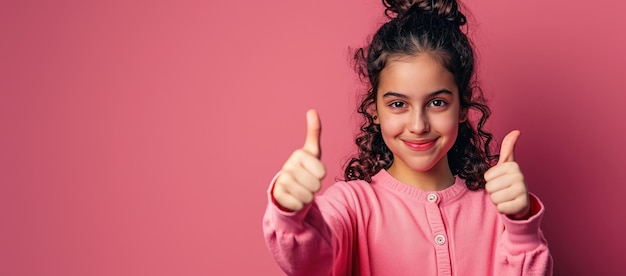 Radiant encouragement a young girls confidence shines through a joyful thumbs up gesture