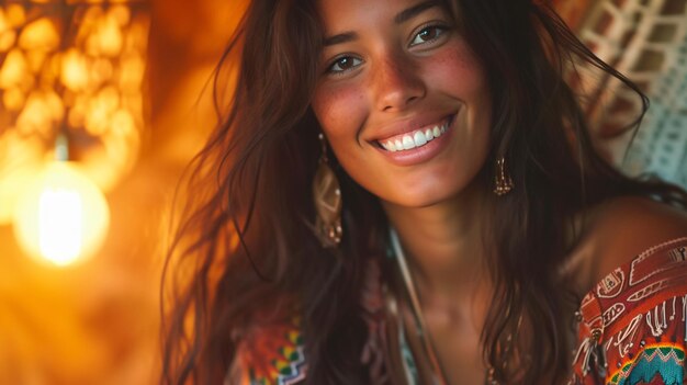 Foto una giovane donna radiante ed energica dei primi trent'anni che trasuda positività con il suo sorriso contagioso e gli occhi scintillanti i suoi lunghi capelli cadono graziosamente aggiungendo un tocco etereo a lei