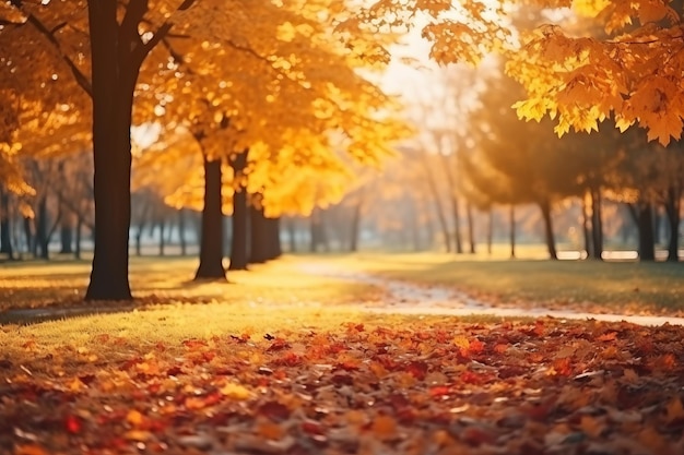 Radiant Fall Splendor A Colorful Canopy of Red and Yellow Trees in Autumn's Golden Hour