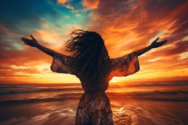 Photo radiant freedom woman celebrating by the seashore