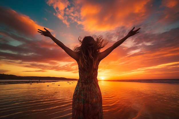 Photo radiant freedom woman celebrating by the seashore