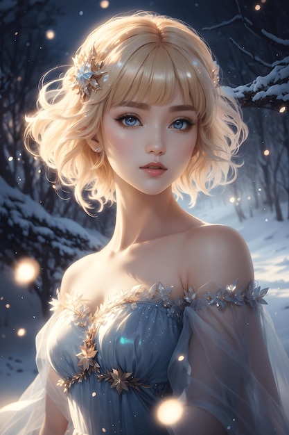 Radiant Frost Beauty Gorgeous Blonde Korean Girl in Frost Off Shoulder Dress