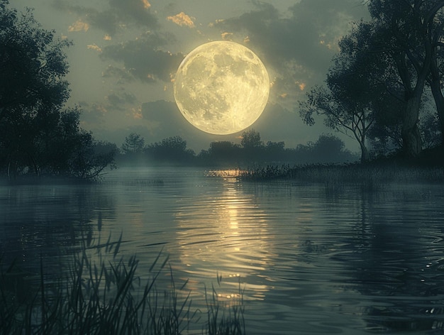 Фото Луна в полном сиянии бросает серебряный свет на спокойное озеро лунный свет размывается с водой