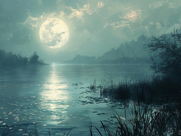 Photo radiant full moon casting silver light on a tranquil lake the moonlight blurs with the water