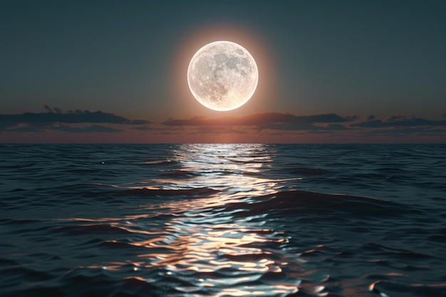 사진 조용한 바다 오크탄 위에서 빛나는 보름달이 아오르고