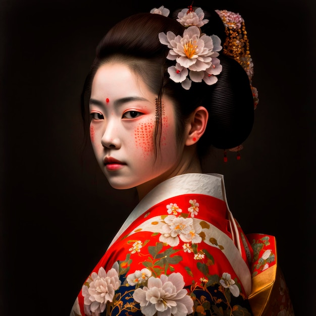 Сияющая безмятежность гейши запечатлена в традиционном красном ансамбле, украшенном цветами
