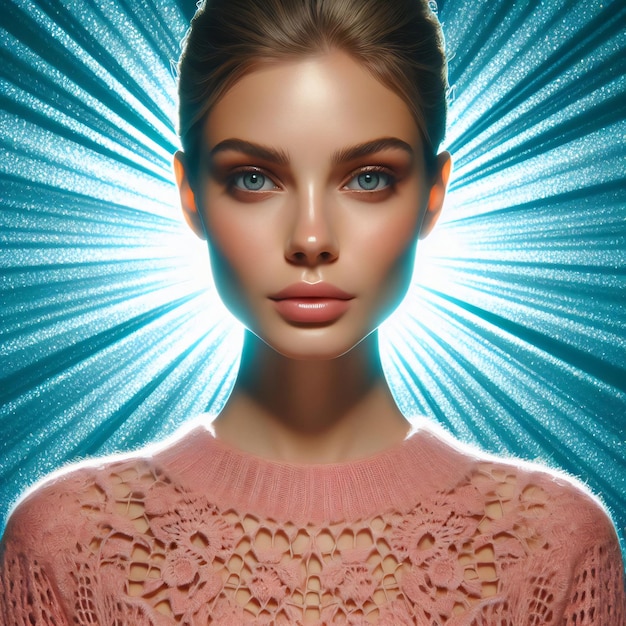 美しい女性の顔の後ろに輝く輝き AIが生成