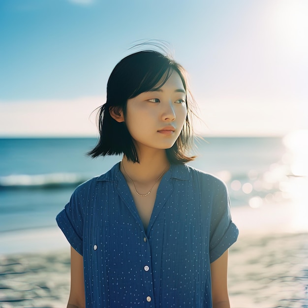 여름 햇살에 전통 의상을 입은 찬란한 빛을 발하는 중국 소녀