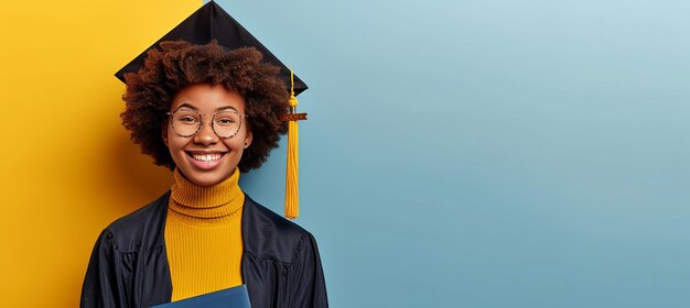 写真 青いスタジオの背景に卒業証書を掲げた帽子とガウンで輝く卒業生 広告のためのコピースペース