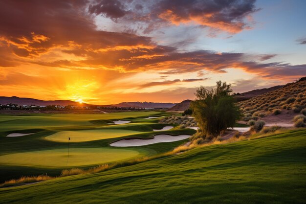 Radiant green gold course sunset grass vacation sport generate ai
