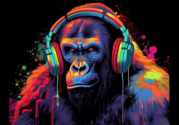 Radiant Grooves Gorilla Wearing Headphones in Colorful Paint