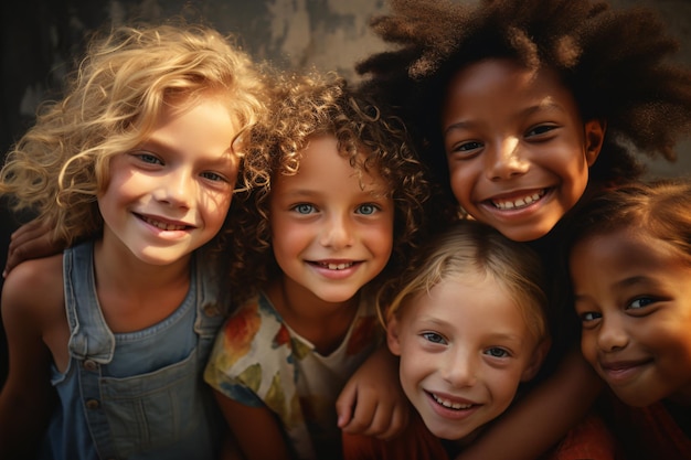 Radiant group of diverse children ages 8 smiling together in heartwarming portrait