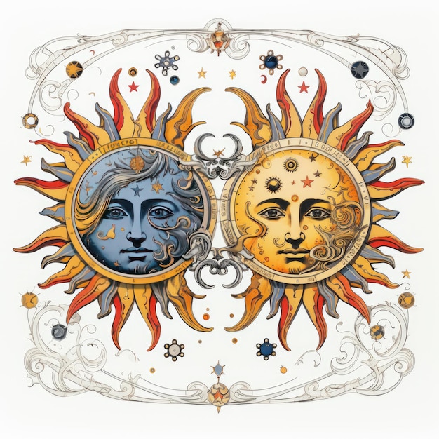 Radiant Harmony Gucci's ComicStyle Иллюстрация Солнца и Луны на белом фоне
