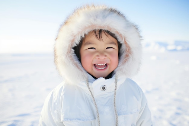 雪の背景に白い毛皮のフードをかぶった輝くイヌイットの女の子