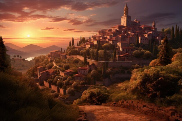 Foto radiose colline al tramonto della città italiana generate ai