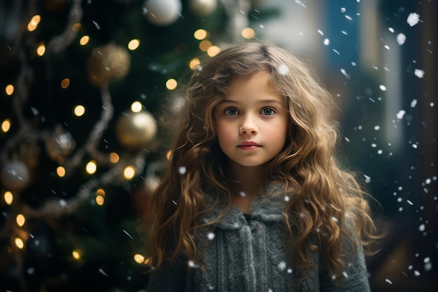 輝く 喜び クリスマス ツリー の 前 で 魅了 的 な 小さな 女の子