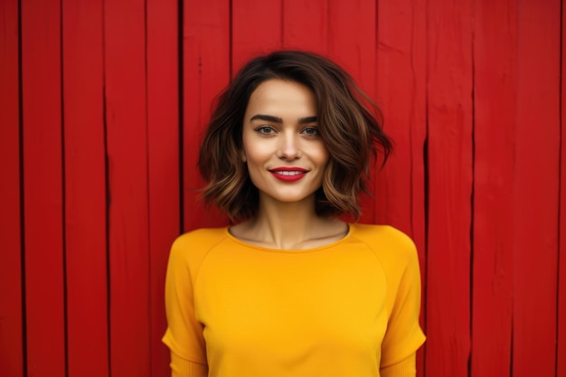 Radiant Joy in Yellow A young woman beams in a yellow tshirt against a vibrant red wooden backdrop exuding warmth and happiness