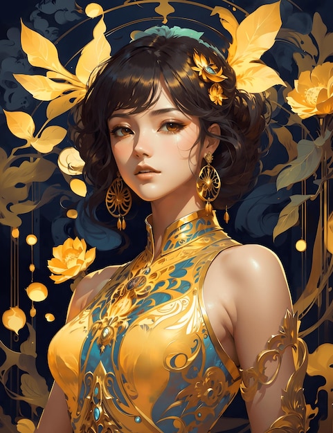 Radiant Korean Girl Enchanting in Yellow Metallic Elegance