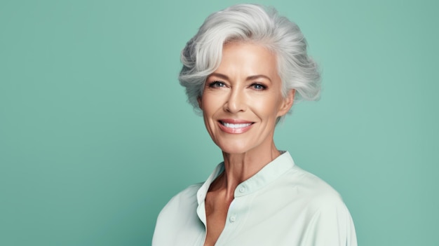 Radiant mature senior model woman with grey hair laughing and smiling for spa and dental