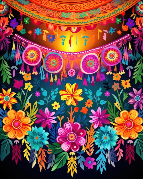 Photo a radiant mexican embroidery design featuring a cascade of colorful papel picado flags