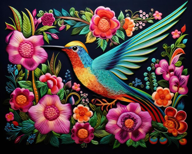 A radiant mexican embroidery motif depicting a beautiful hummingbird