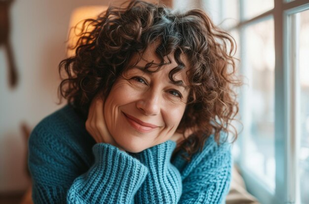 Radiant MiddleAged Woman Enjoying a Cozy Day Indoors