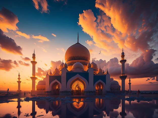 Photo radiant mosque in a sea of fluffy clouds ai generated