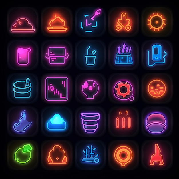 Фото radiant neon gaming icons и экспрессивный пакет дизайна эмодзи