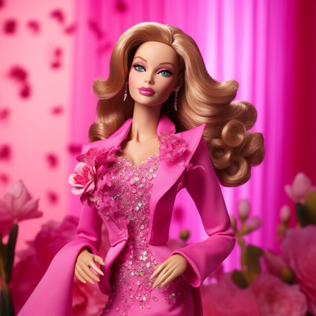 Radiant Orchid Barbie Glows in Pink Ensemble Against Orchid Pink Lights