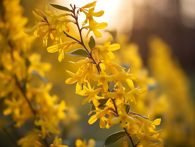 Radiant photograph of vibrant forsythia blossoms in springtime sunshine with green foliage and sky