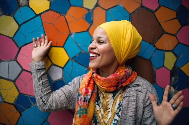 Foto ritratto radioso di una donna con un copricapo bianco in piedi davanti a un muro di mosaico colorato