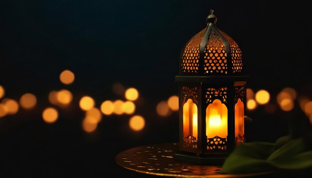 Photo radiant ramadan lantern in a dark background with a dark and blurry image behind it generative ai