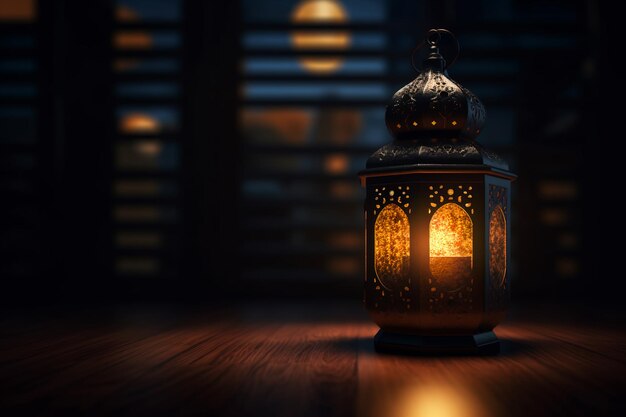 Radiant Ramadan lantern in a dark room with a dark and blurry image behind it generative ai