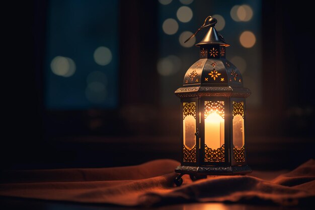 Radiant Ramadan lantern in a dark room with a dark and blurry image behind it generative ai