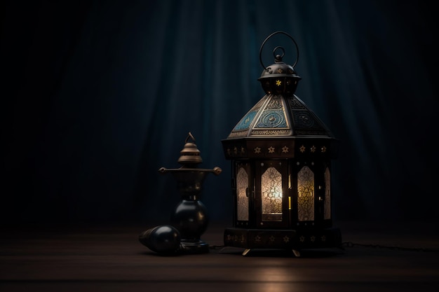 Radiant Ramadan lantern in a dark room with a dark and blurry image behind it generative ai