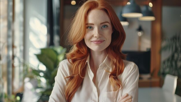 Radiant redhaired woman with a gentle smile in an office setting