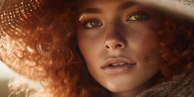 日没の雰囲気の中で巻き毛を持つ輝く赤毛の女性