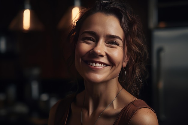 Radiant Reflections A Joyful Woman Smiles at Herself in a Modern Kitchen