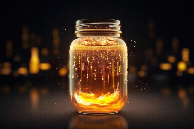 The Radiant Reverie A Transcendent Experience of Frothy Beer in a Glowing Gold Jar Glass