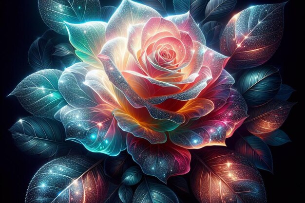 A radiant rose illuminated from within with petals that transition through a spectrum of colors