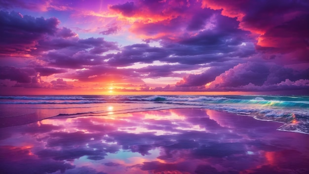 Radiant Serenity A Captivating Sea Sunset with Glowing Purple Clouds and Rainbow Reflection