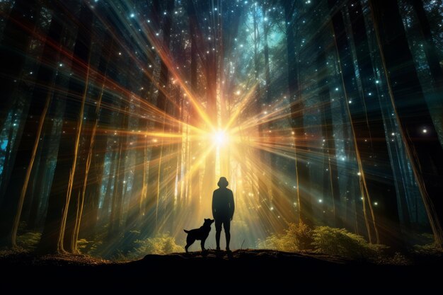 Photo radiant silhouette capturing the essence of sunrise with a dog and galaxies in transparent layers