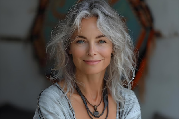 Radiant Silverhaired Woman Smiling Serenely Concept Silverhaired beauty Serene smile Mature elegance