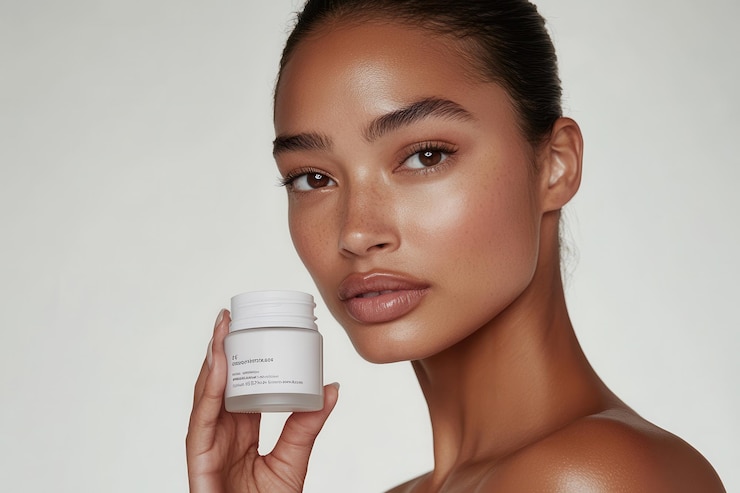 Photo radiant skin beauty product showcase a woman holds a luxurious face cream jar