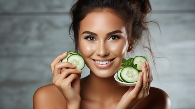 Radiant Skin Care Attractive Lady with Scrub and Cucumber on Background