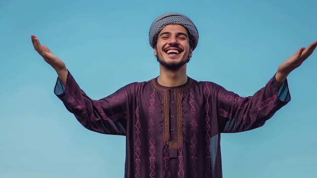 Radiant Smiles Joyful Man in Islamic Thobe Isolated Against Solid Background with Copy Space