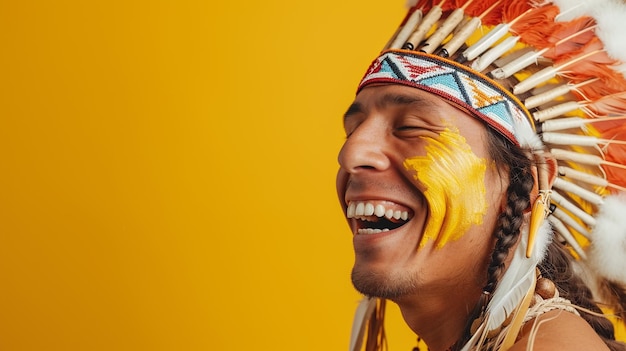 Radiant Smiles Native American Man Brimming with Happiness and Joy Isolated Against Solid Background with Copy Space